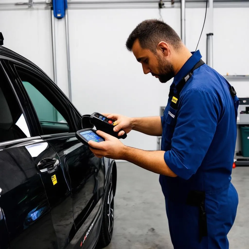 Car mechanic inspecting Landi Renzo Evo OBD system